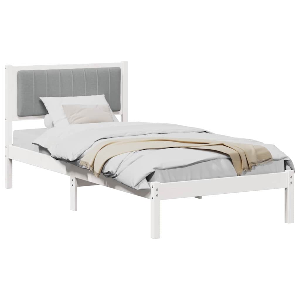 Estrutura de cama com cabeceira estofada cinzento-claro