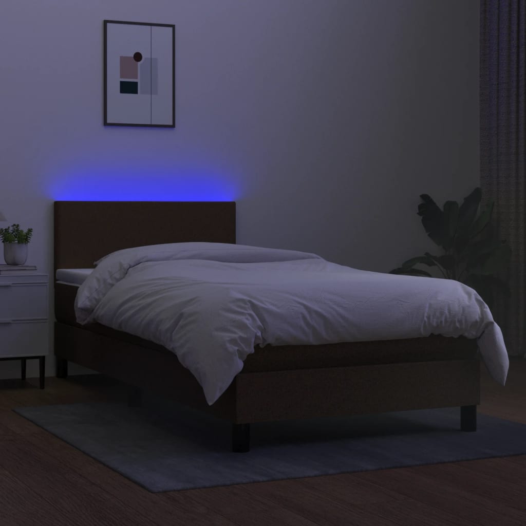 Cama box spring c/ colchão/LED 100x200cm tecido castanho-escuro