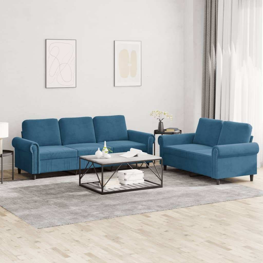 2 Pcs conjunto de sofás com almofadões veludo azul
