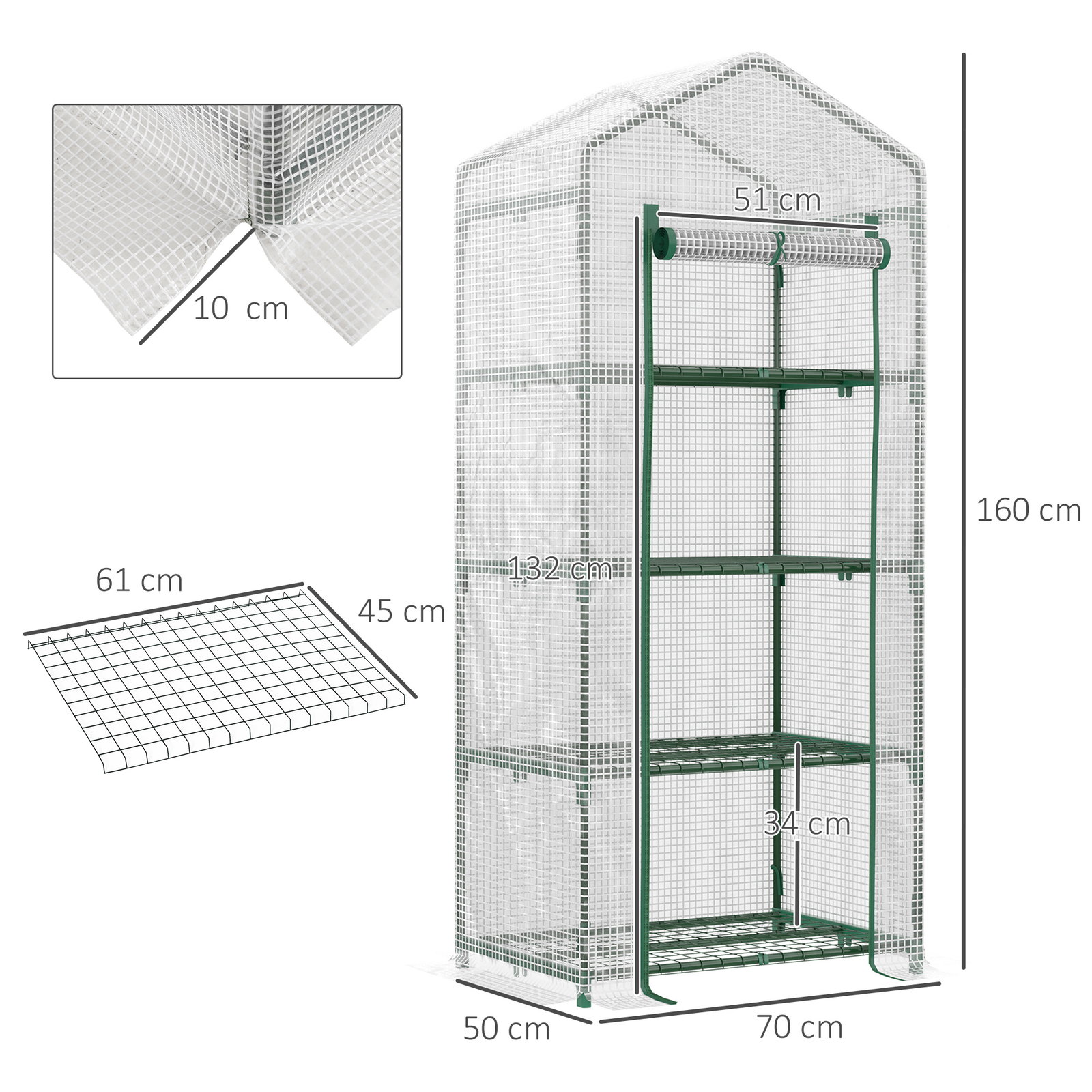 Estufa de Jardim com 4 Prateleiras e Cobertura de PE Estufa de Aço para Cultivo de Plantas Flores 70x50x160cm Branco