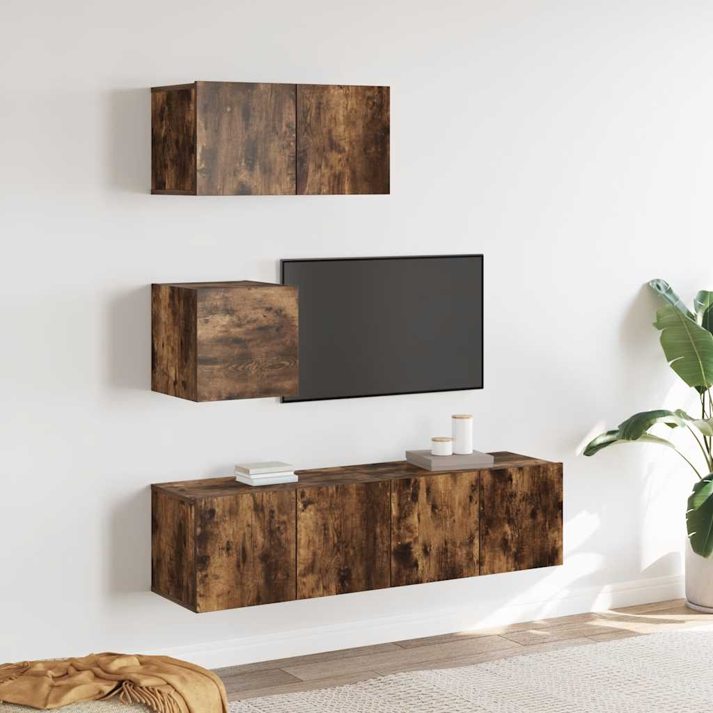 Conjunto móveis de TV 4 pcs madeira processada carvalho fumado