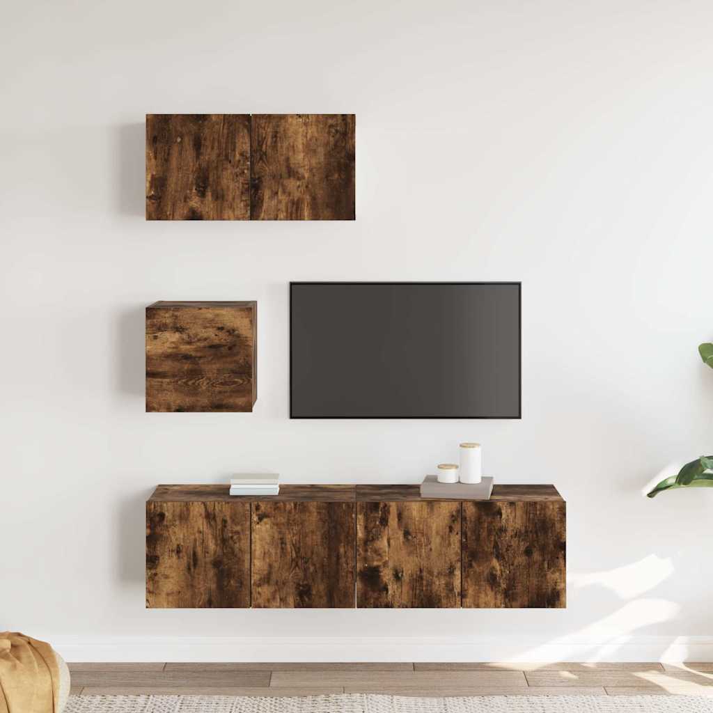 Conjunto móveis de TV 4 pcs madeira processada carvalho fumado