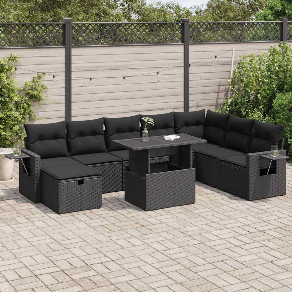 9 Pcs conjunto de sofás p/ jardim c/ almofadões vime PE preto