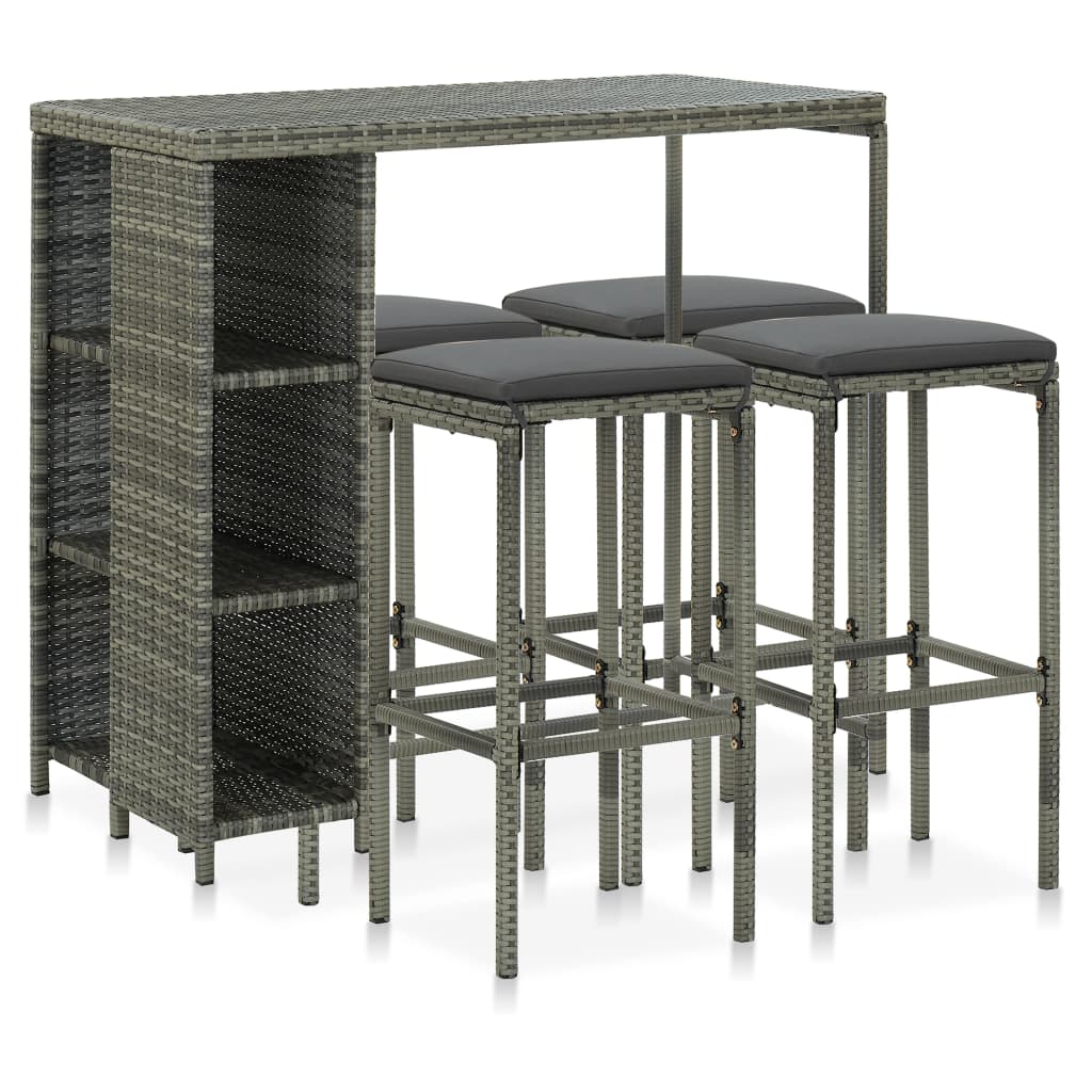 5 Pcs conjunto de bar p/ jardim c/ almofadões vime PE cinzento