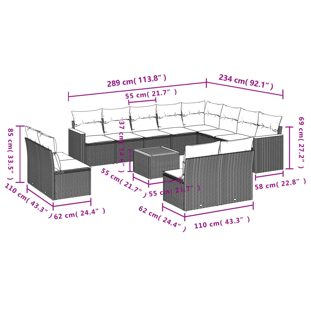 13 Pcs conjunto de sofás de jardim com almofadões vime PE preto