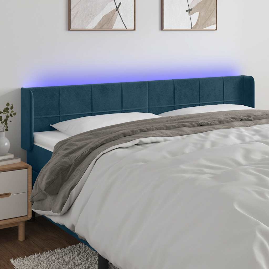 Cabeceira cama c/ luzes LED veludo 183x16x78/88 cm azul-escuro