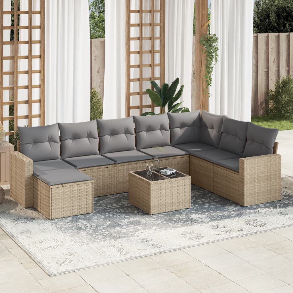 9 Pcs conjunto de sofás p/ jardim com almofadões vime PE bege