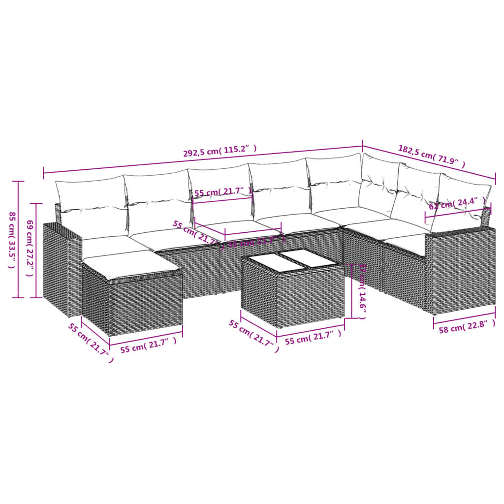 9 Pcs conjunto de sofás p/ jardim com almofadões vime PE bege