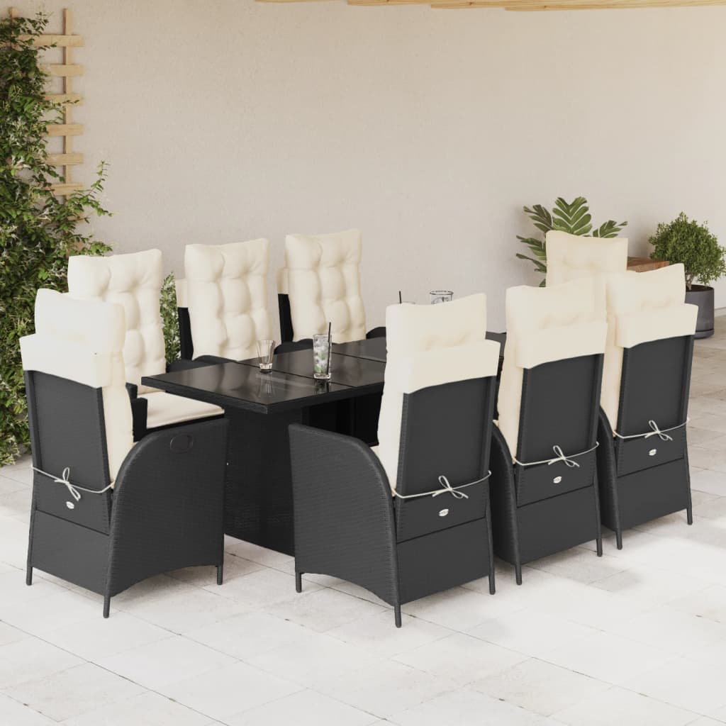 9 Pcs conjunto de jantar p/ jardim c/ almofadões vime PE preto