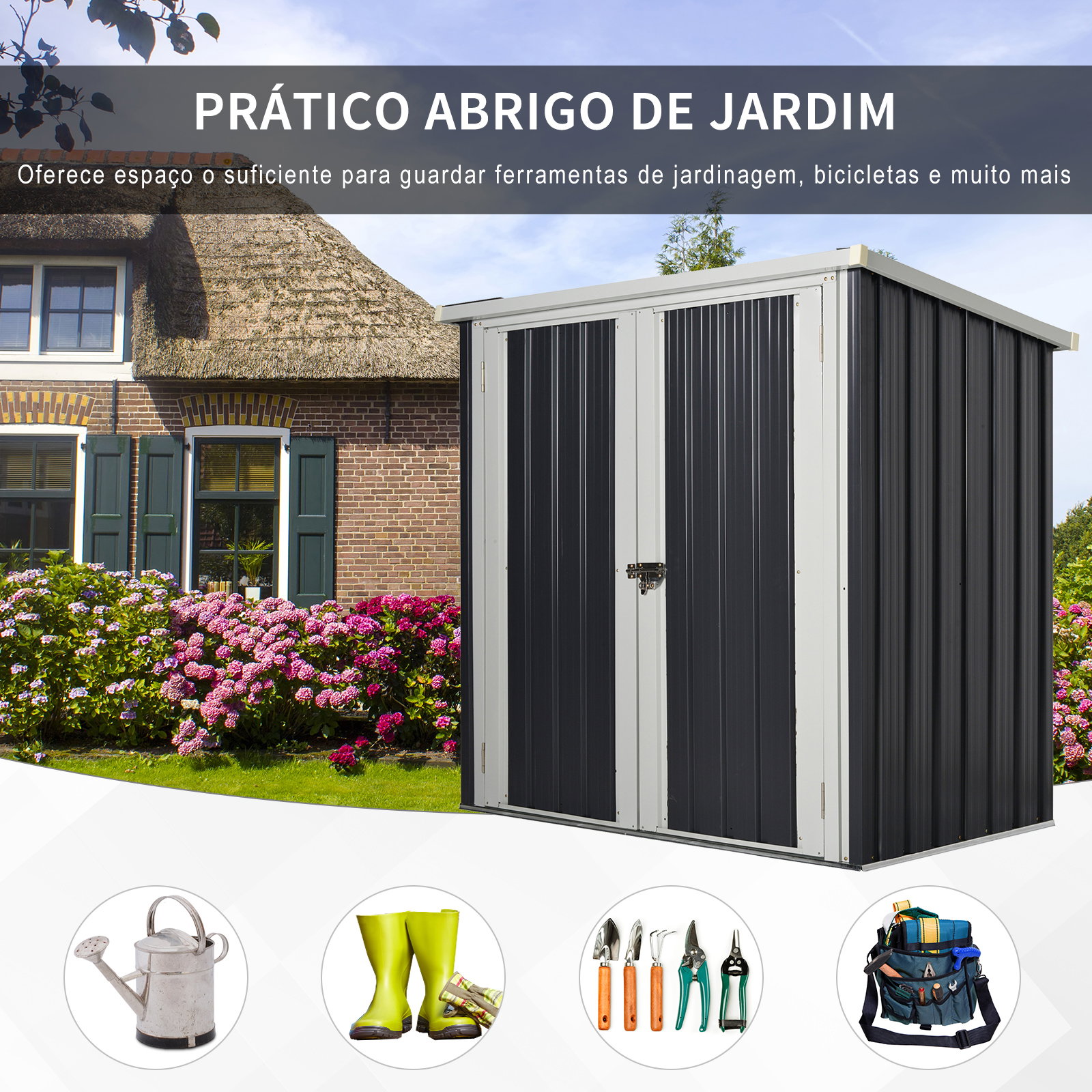 Abrigo de jardim 1,26 m² de aço galvanizado com 2 portas para armazenamento de ferramentas 147x86x134 cm preto