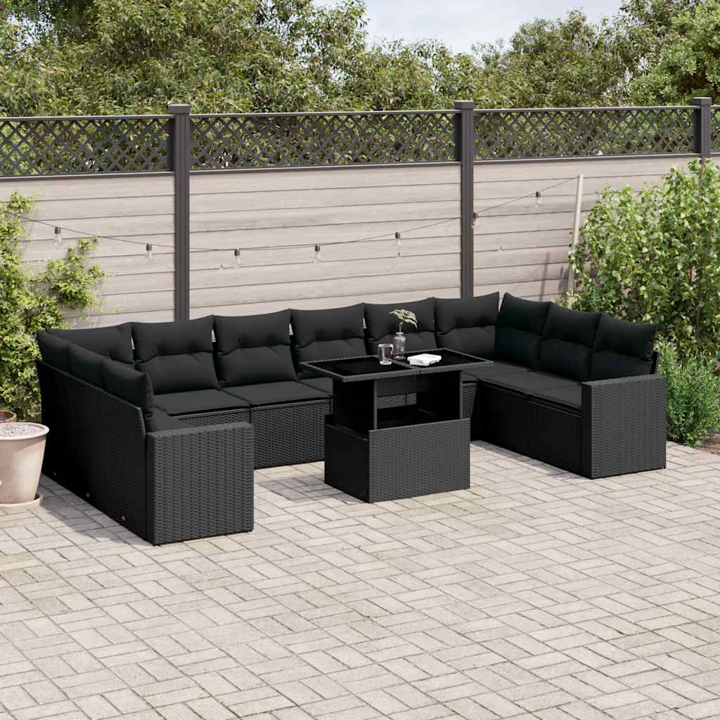 11 Pcs conjunto sofás de jardim c/ almofadões vime PE preto