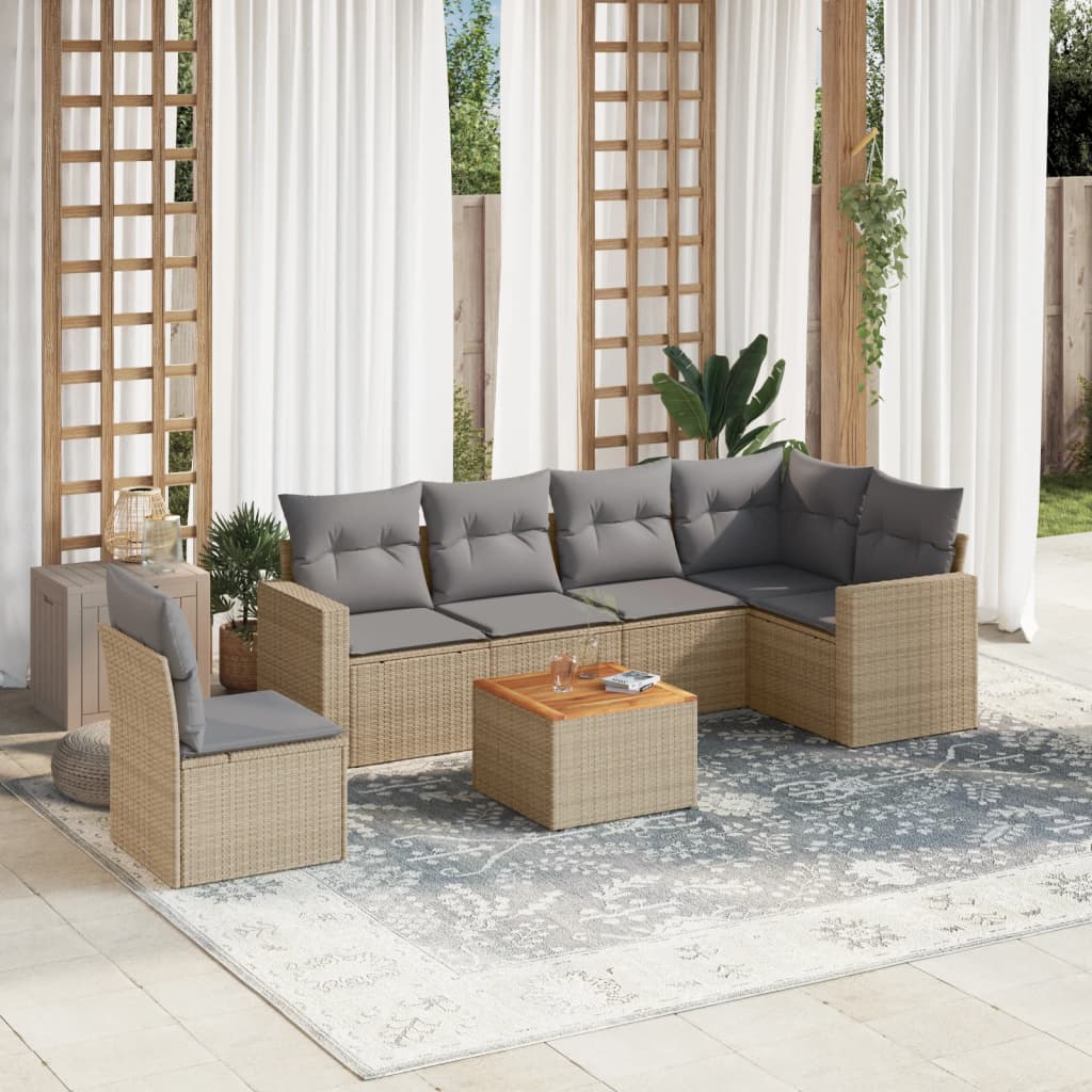 7 Pcs conj. sofás jardim c/ almofadões vime PE bege misturado