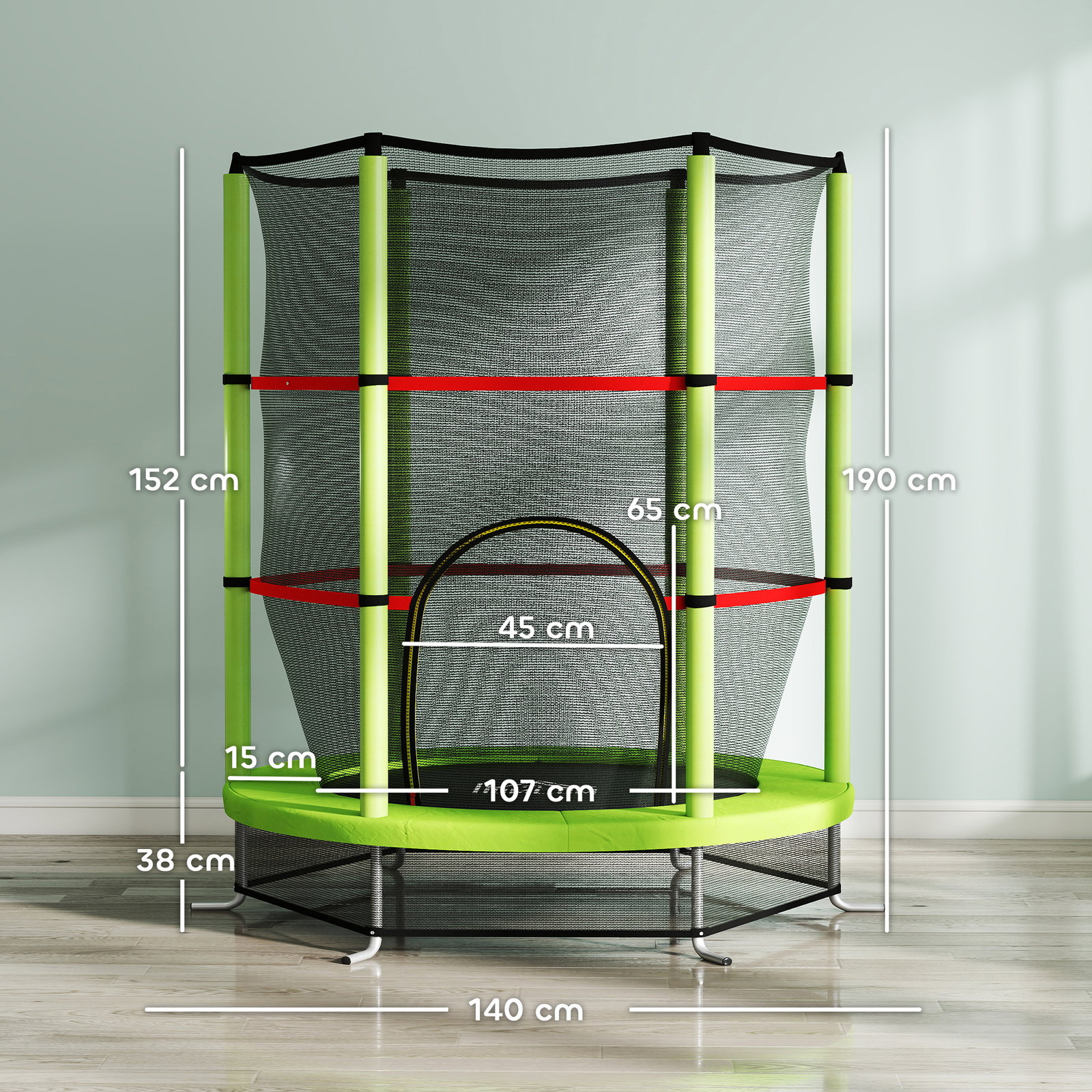 Trampolim infantil ø140x190 cm trampolim para crianças de 3-6 anos com rede de segurança carga 45 kg para interior verde