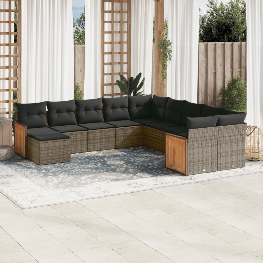 11 Pcs conjunto sofás de jardim c/ almofadões vime PE cinzento