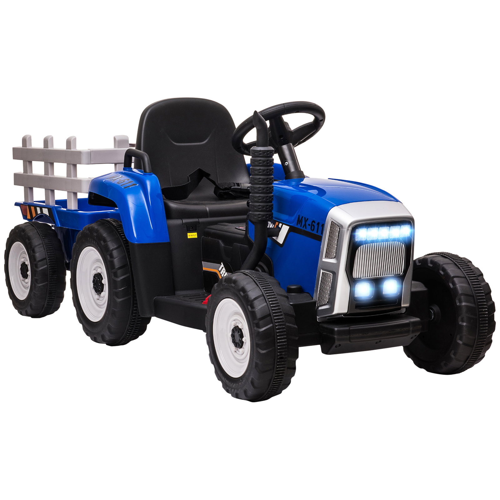 Trator elétrico com reboque amovível com controlo remoto música mp3 luzes e cinto de segurança 136,5x50x52,5 cm azul