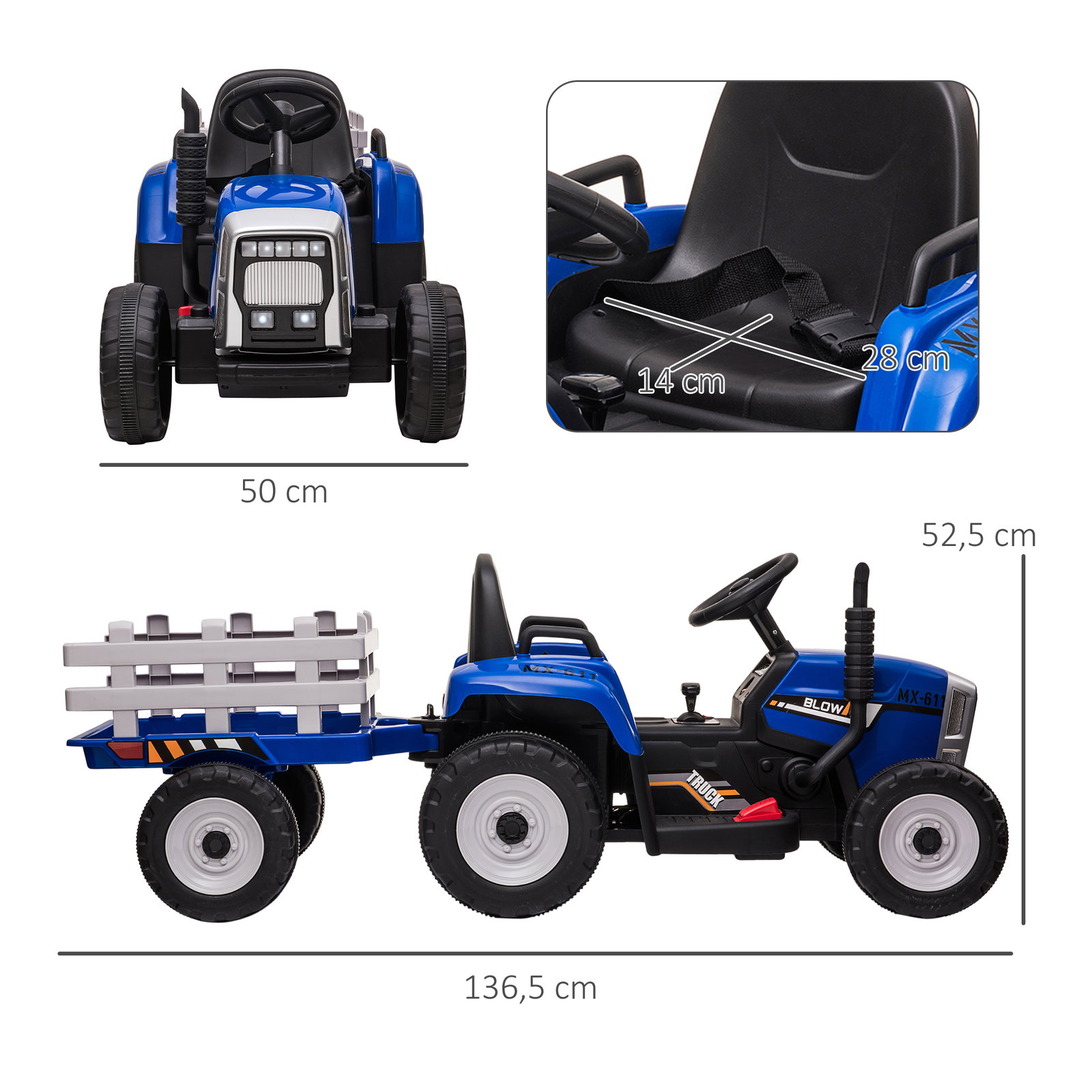 Trator elétrico com reboque amovível com controlo remoto música mp3 luzes e cinto de segurança 136,5x50x52,5 cm azul