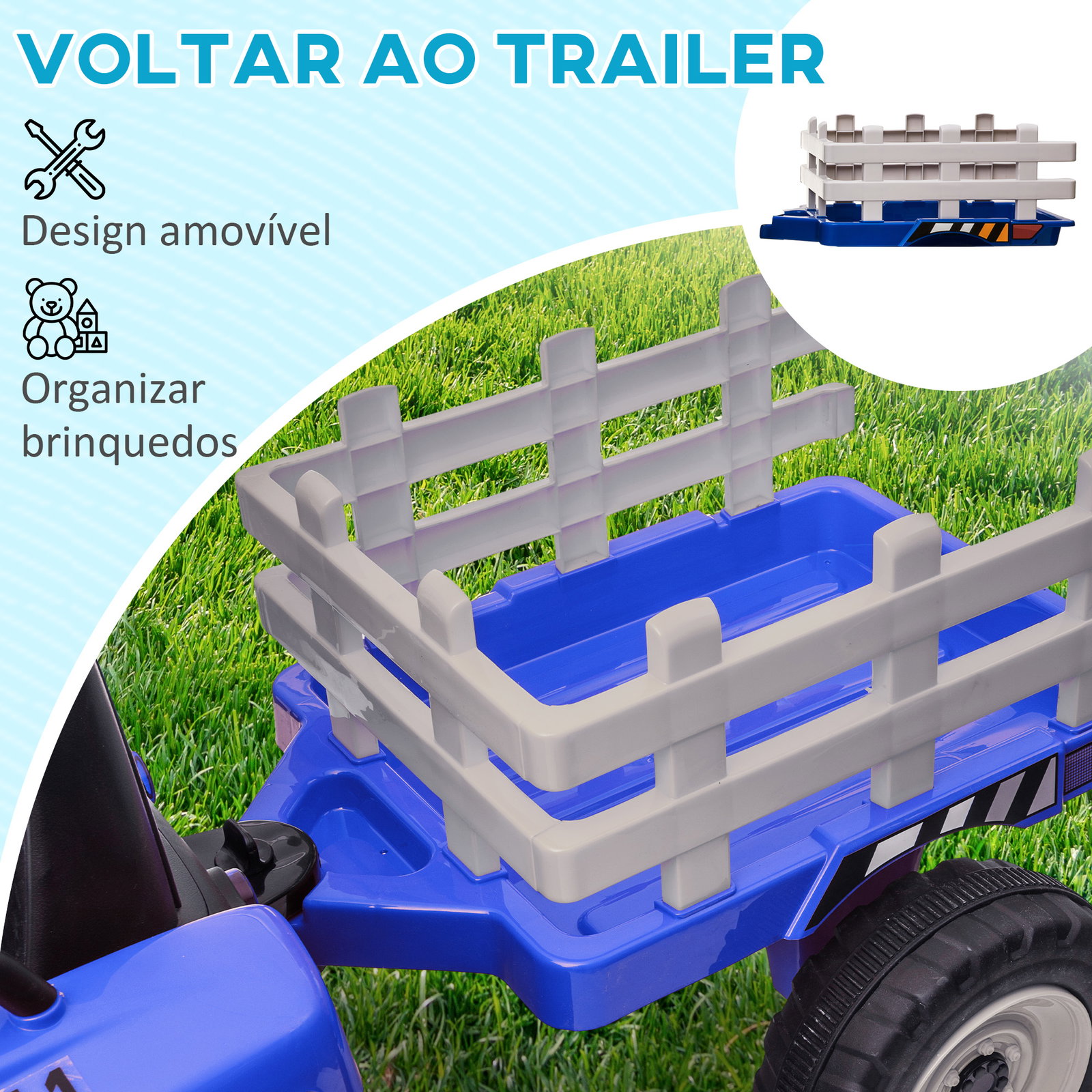 Trator elétrico com reboque amovível com controlo remoto música mp3 luzes e cinto de segurança 136,5x50x52,5 cm azul