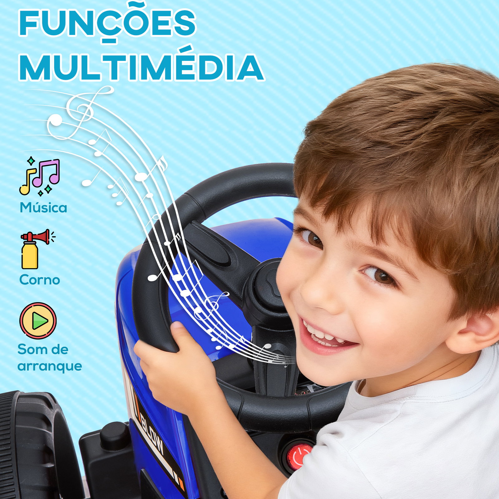 Trator elétrico com reboque amovível com controlo remoto música mp3 luzes e cinto de segurança 136,5x50x52,5 cm azul