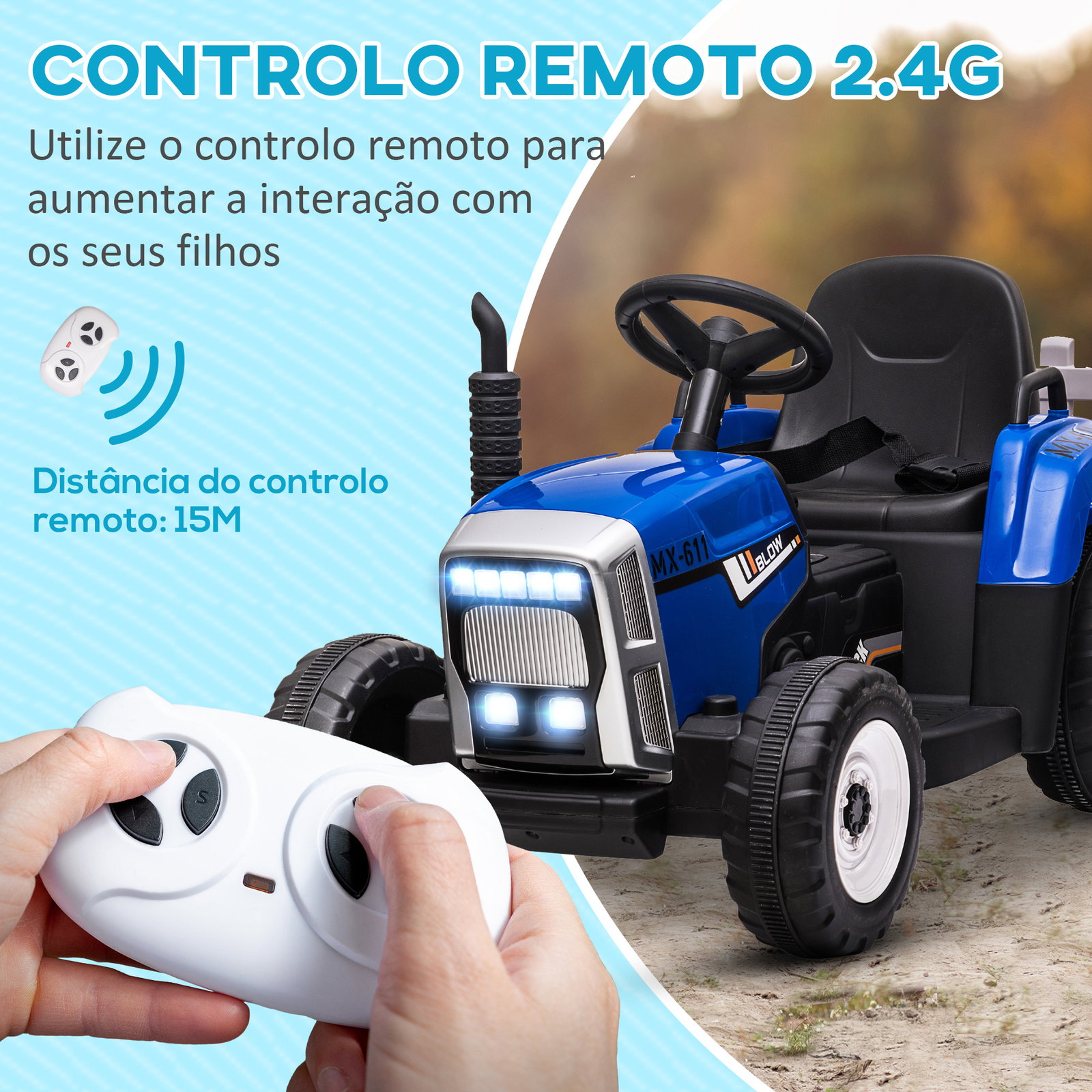 Trator elétrico com reboque amovível com controlo remoto música mp3 luzes e cinto de segurança 136,5x50x52,5 cm azul