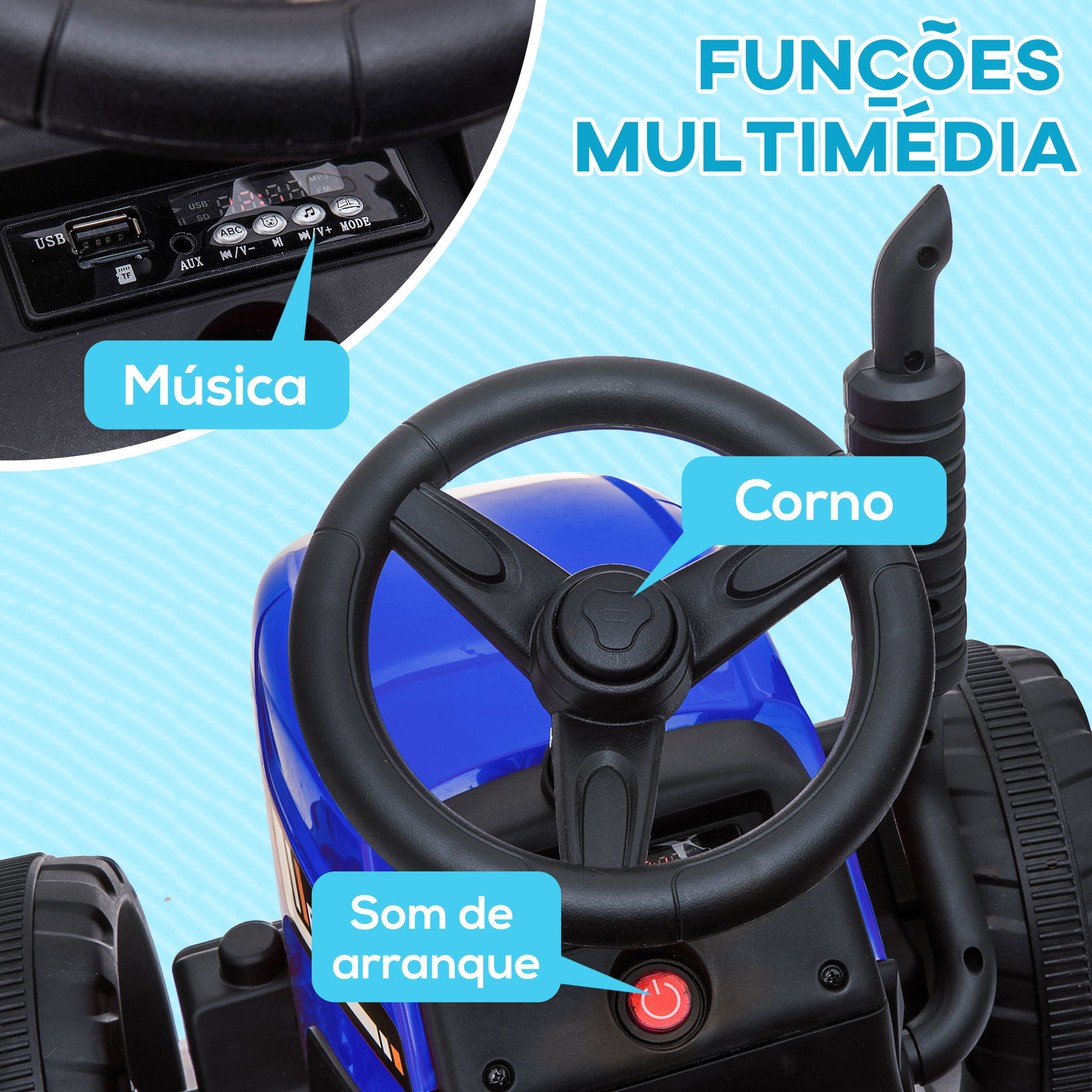 Trator elétrico com reboque amovível com controlo remoto música mp3 luzes e cinto de segurança 136,5x50x52,5 cm azul