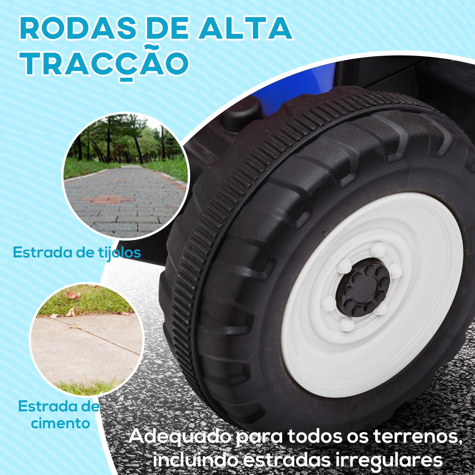 Trator elétrico com reboque amovível com controlo remoto música mp3 luzes e cinto de segurança 136,5x50x52,5 cm azul