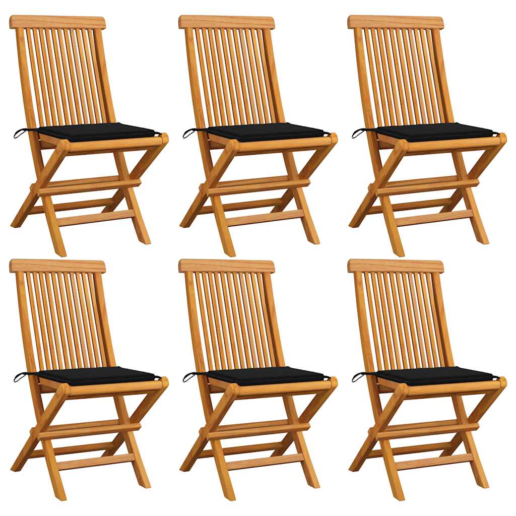Cadeiras de jardim c/ almofadões pretos 6 pcs teca maciça