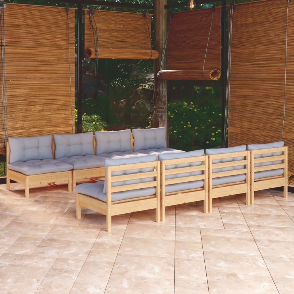 9 Pcs conjunto lounge de jardim + almofadões cinza pinho maciço