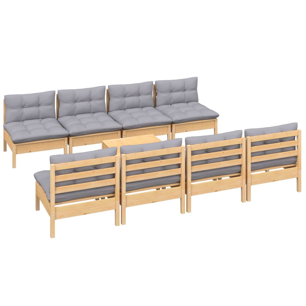 9 Pcs conjunto lounge de jardim + almofadões cinza pinho maciço