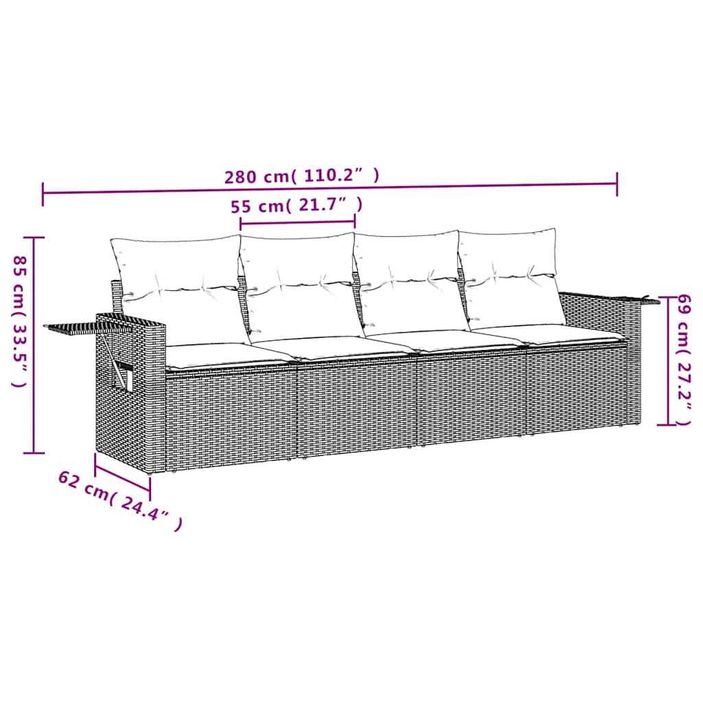 4 Pcs conjunto de sofás para jardim c/ almofadões vime PE preto