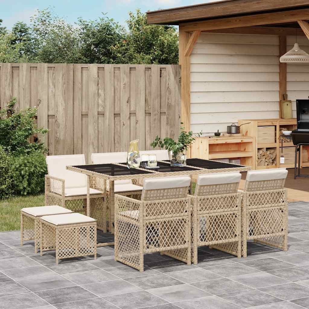 11 Pcs conjunto de jantar p/ jardim com almofadões vime PE bege