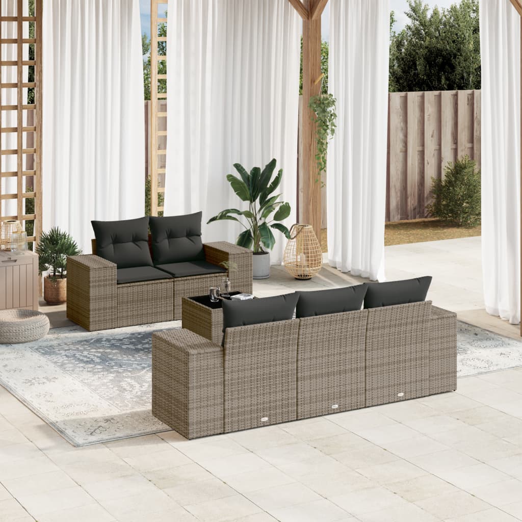 6 Pcs conjunto sofás de jardim com almofadões vime cinzento