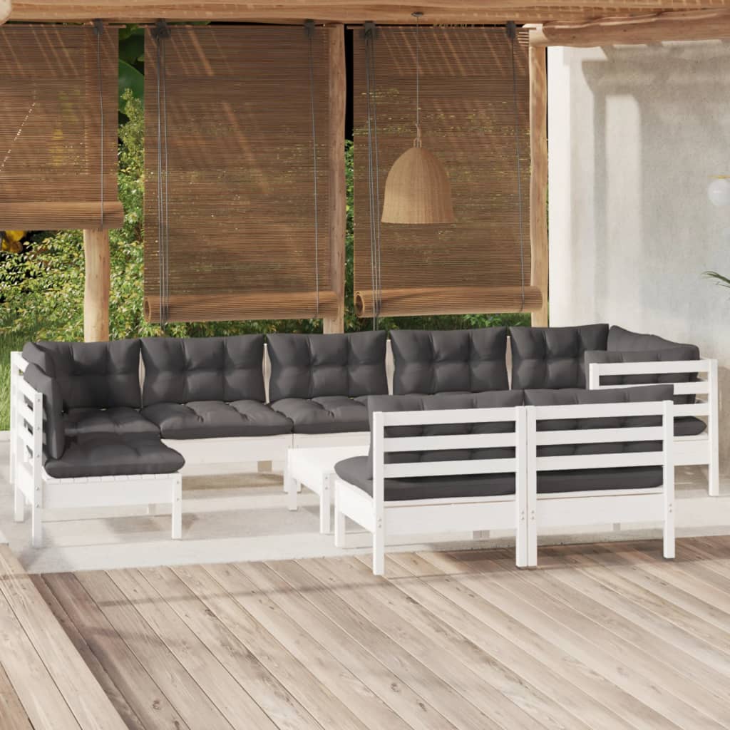 10 Pcs conj. lounge de jardim c/ almofadões pinho maciço branco