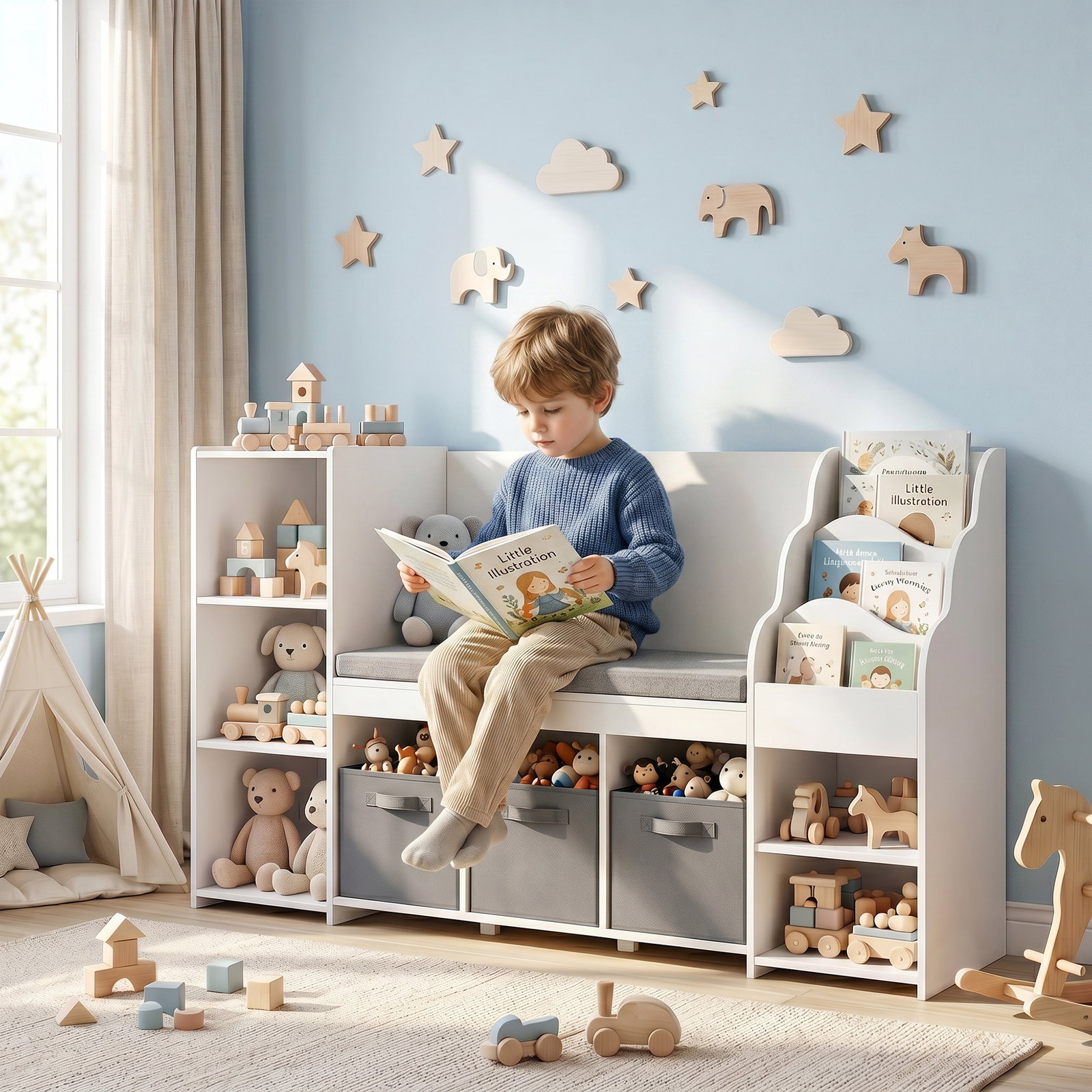 Estante infantil para brinquedos com canto de leitura almofada 3 gavetas de tecido 3 prateleiras 4 compartimentos 137x40x80 cm branco