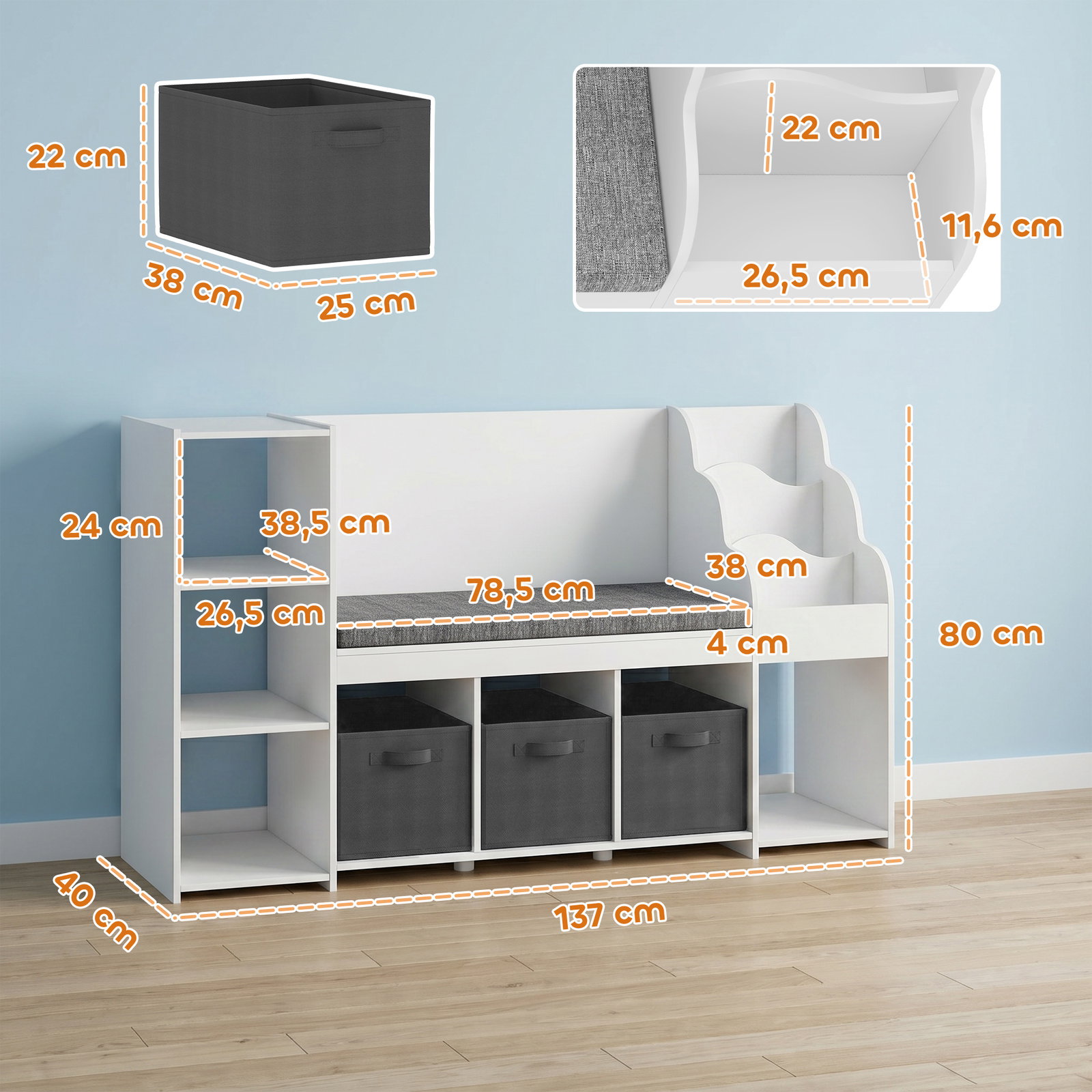Estante infantil para brinquedos com canto de leitura almofada 3 gavetas de tecido 3 prateleiras 4 compartimentos 137x40x80 cm branco
