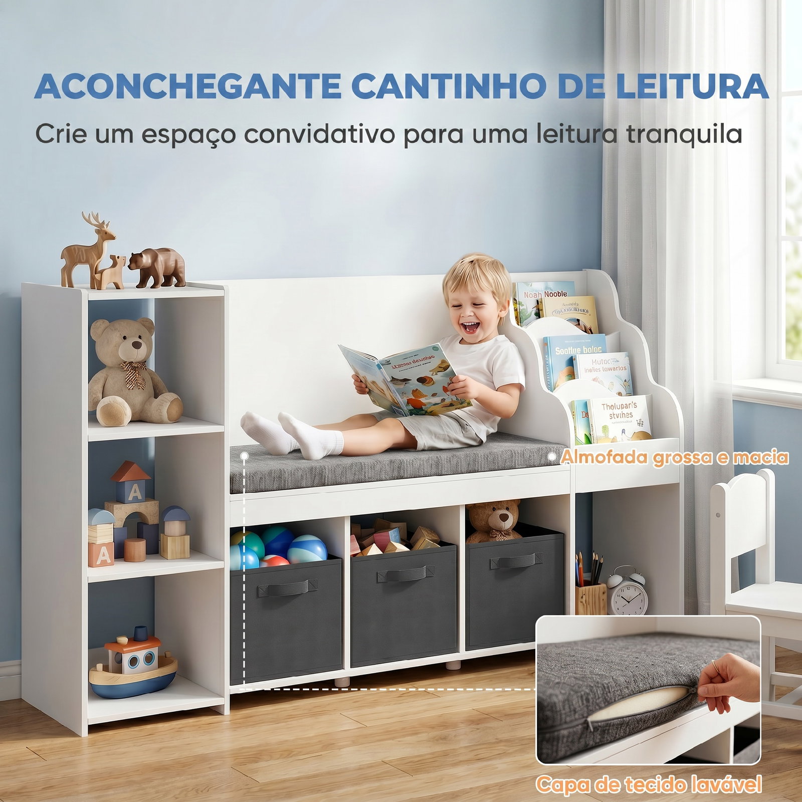 Estante infantil para brinquedos com canto de leitura almofada 3 gavetas de tecido 3 prateleiras 4 compartimentos 137x40x80 cm branco