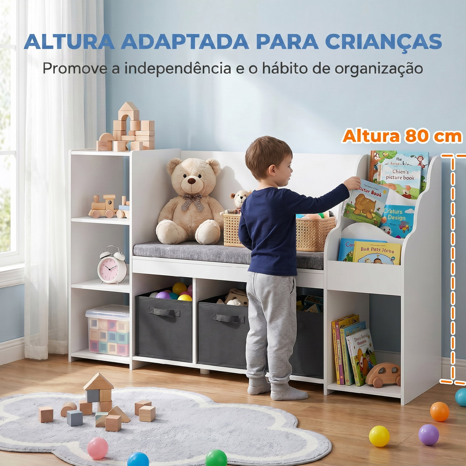 Estante infantil para brinquedos com canto de leitura almofada 3 gavetas de tecido 3 prateleiras 4 compartimentos 137x40x80 cm branco