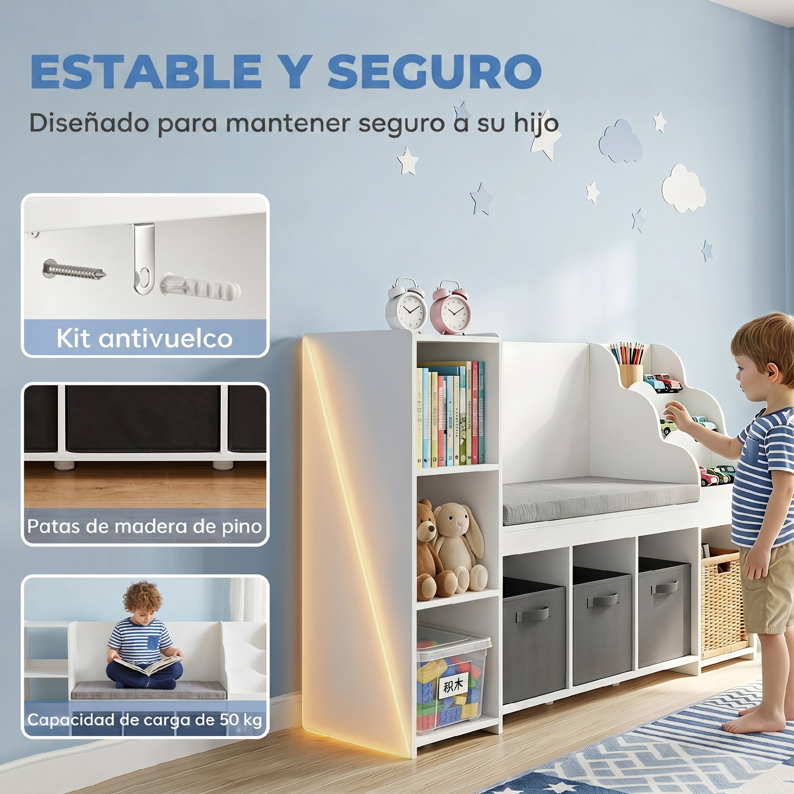 Estante infantil para brinquedos com canto de leitura almofada 3 gavetas de tecido 3 prateleiras 4 compartimentos 137x40x80 cm branco
