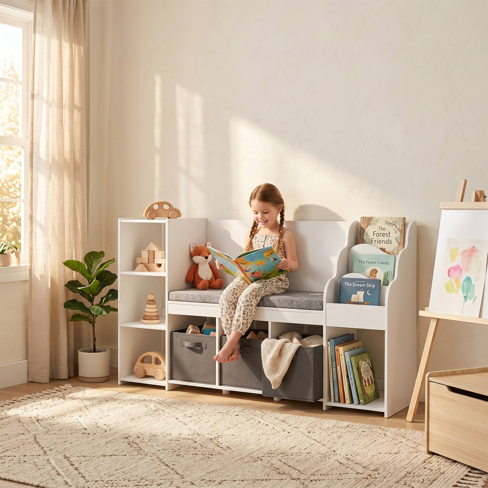 Estante infantil para brinquedos com canto de leitura almofada 3 gavetas de tecido 3 prateleiras 4 compartimentos 137x40x80 cm branco