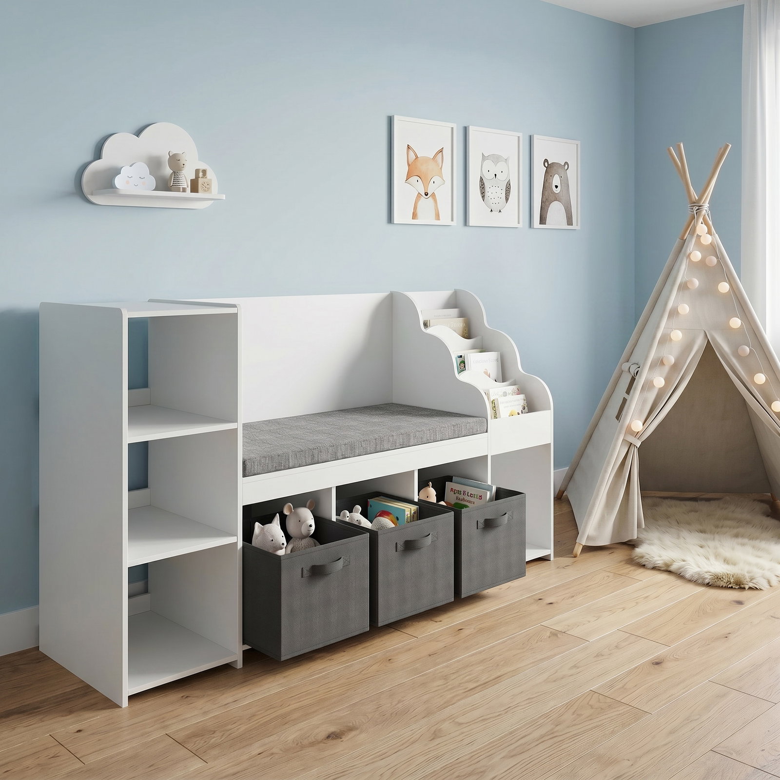 Estante infantil para brinquedos com canto de leitura almofada 3 gavetas de tecido 3 prateleiras 4 compartimentos 137x40x80 cm branco