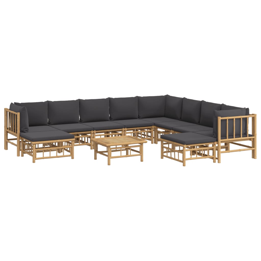 11Pcs conj. lounge de jardim bambu + almofadões cinzento-escuro