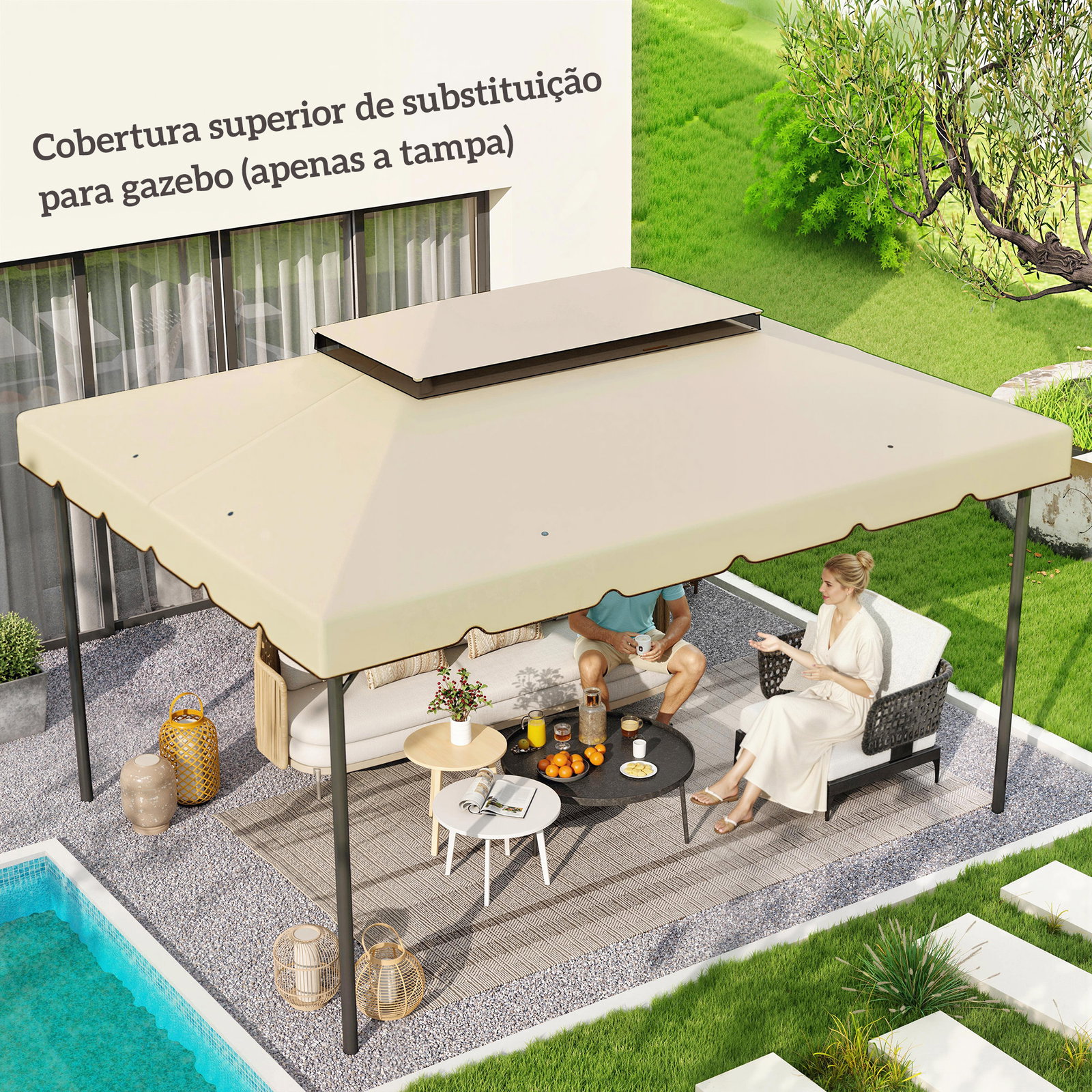 Toldo de substituição para pérgola 400x300 cm com duplo teto e 8 orifícios de drenagem bege