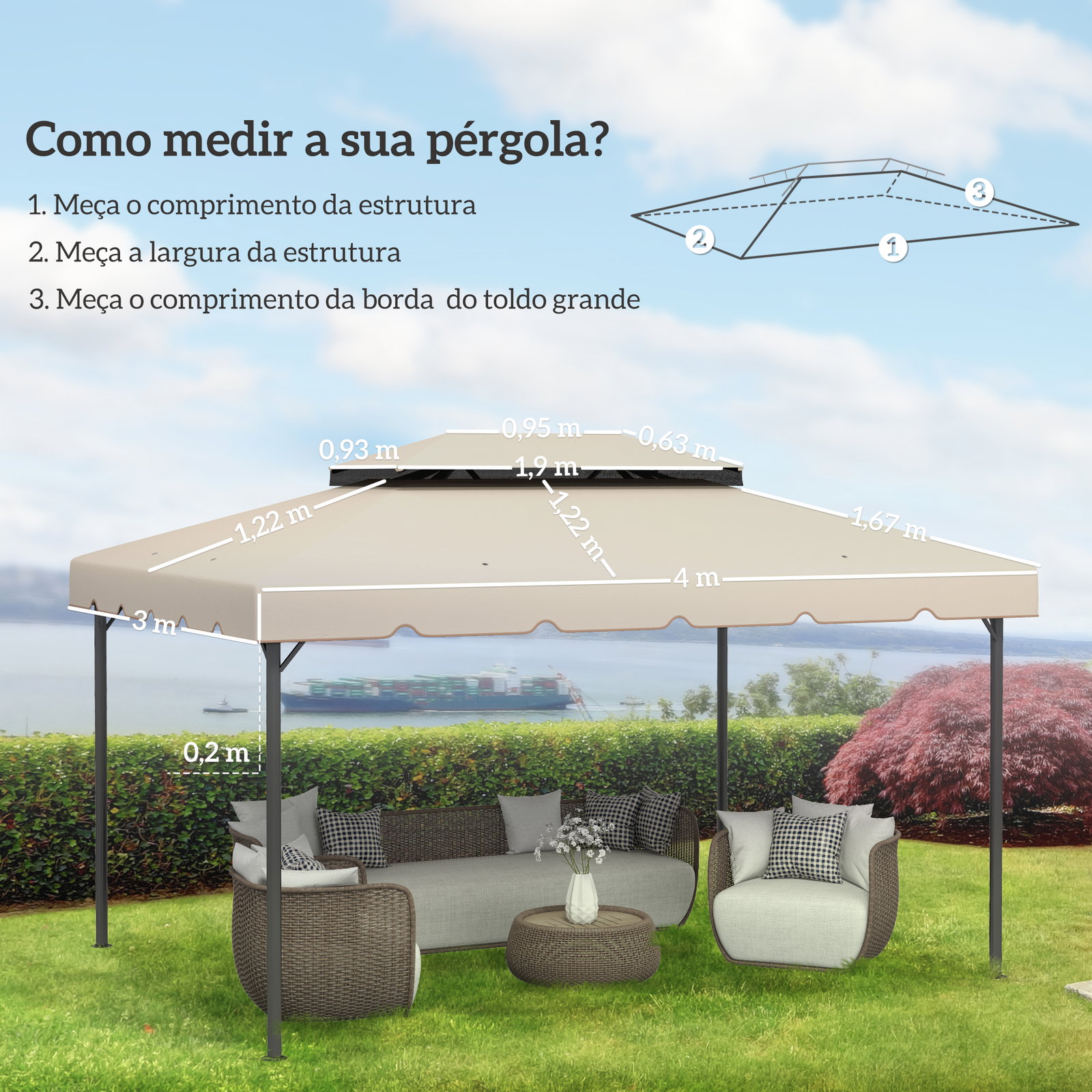 Toldo de substituição para pérgola 400x300 cm com duplo teto e 8 orifícios de drenagem bege