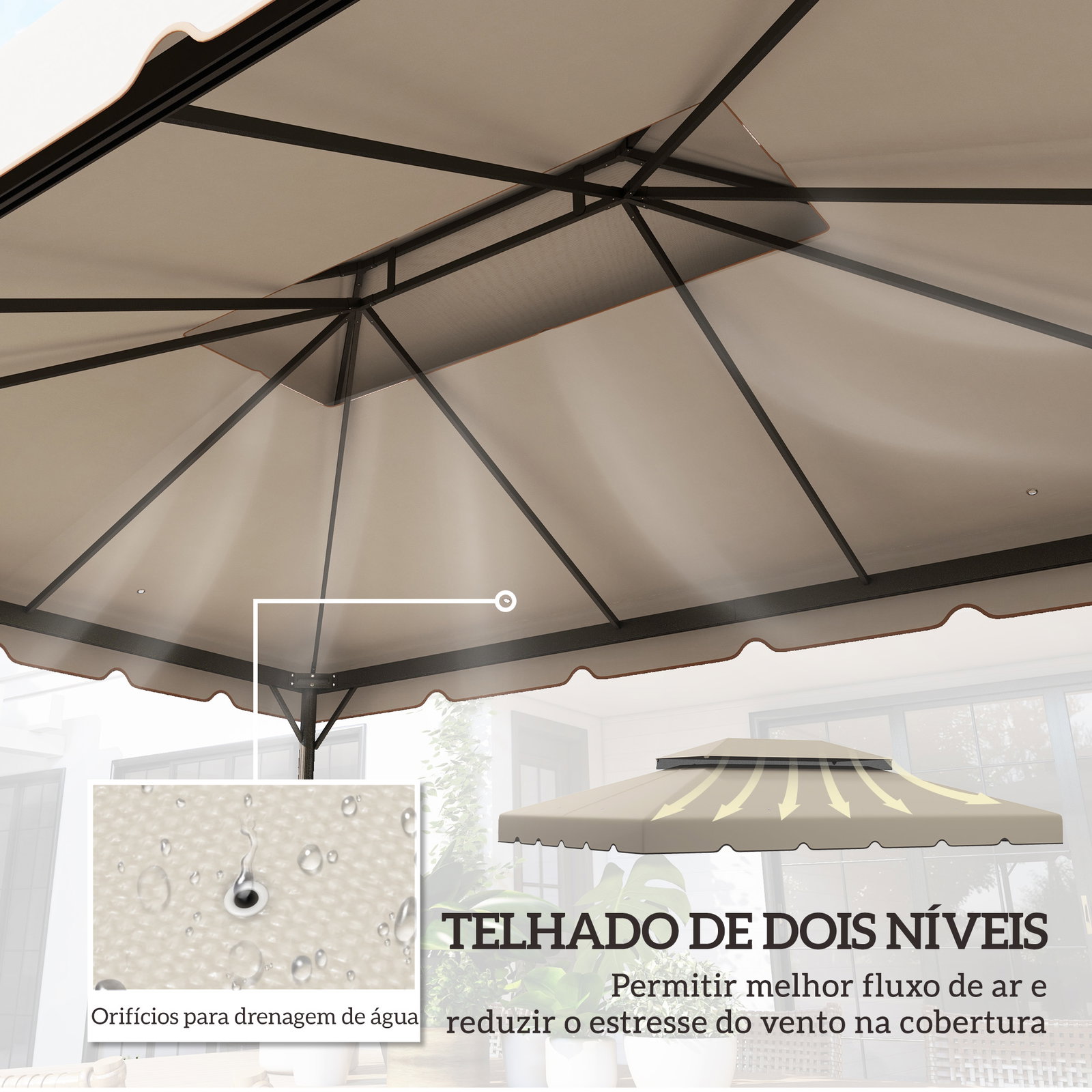 Toldo de substituição para pérgola 400x300 cm com duplo teto e 8 orifícios de drenagem bege