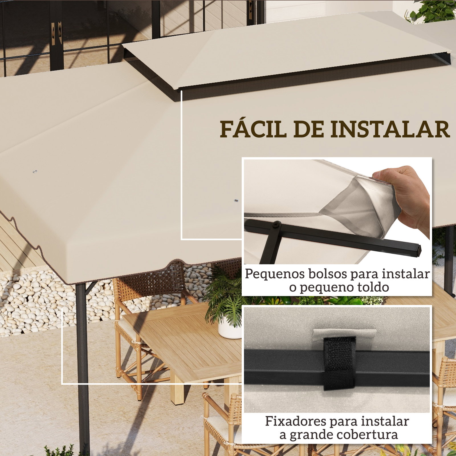 Toldo de substituição para pérgola 400x300 cm com duplo teto e 8 orifícios de drenagem bege