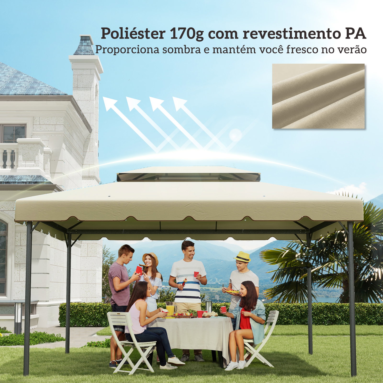 Toldo de substituição para pérgola 400x300 cm com duplo teto e 8 orifícios de drenagem bege