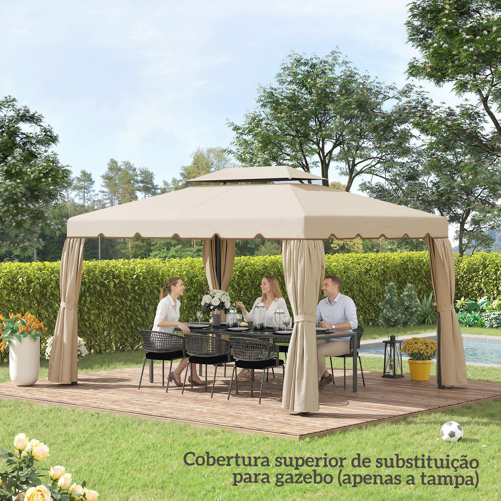Toldo de substituição para pérgola 400x300 cm com duplo teto e 8 orifícios de drenagem bege