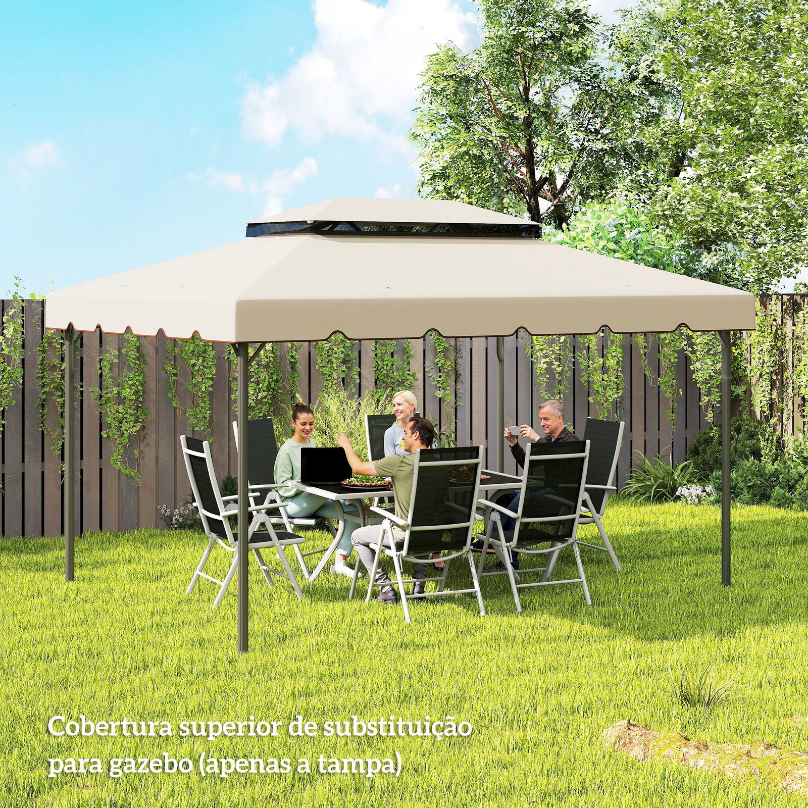 Toldo de substituição para pérgola 400x300 cm com duplo teto e 8 orifícios de drenagem bege