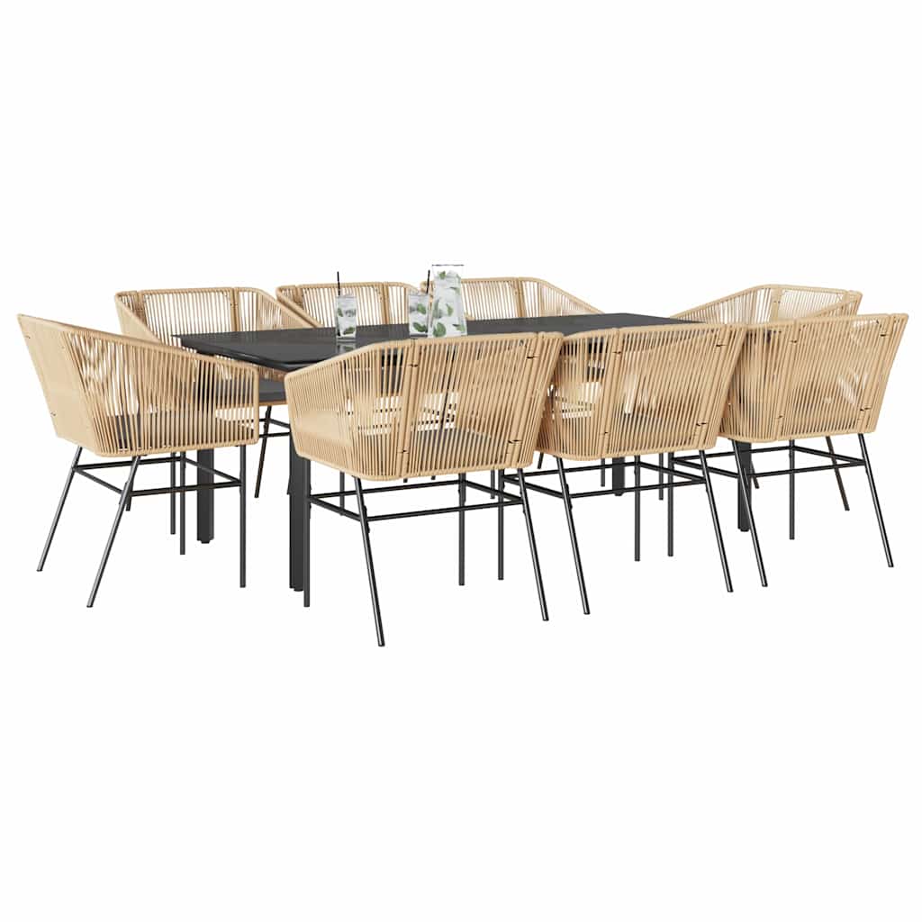 Conjunto jantar jardim 9 peças almofadas vidro vime PE castanho