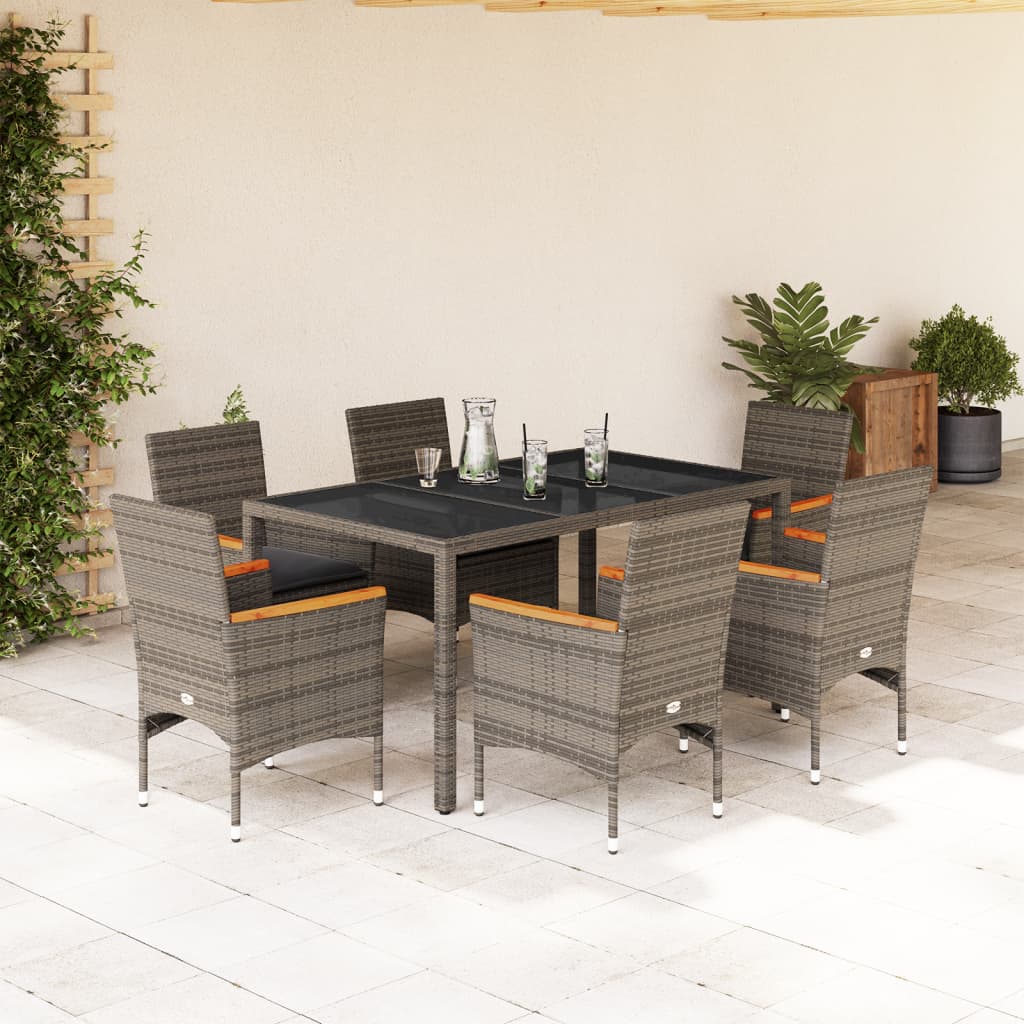 7 Pcs conjunto jantar jardim c/ almofadões vime PE/vidro cinza