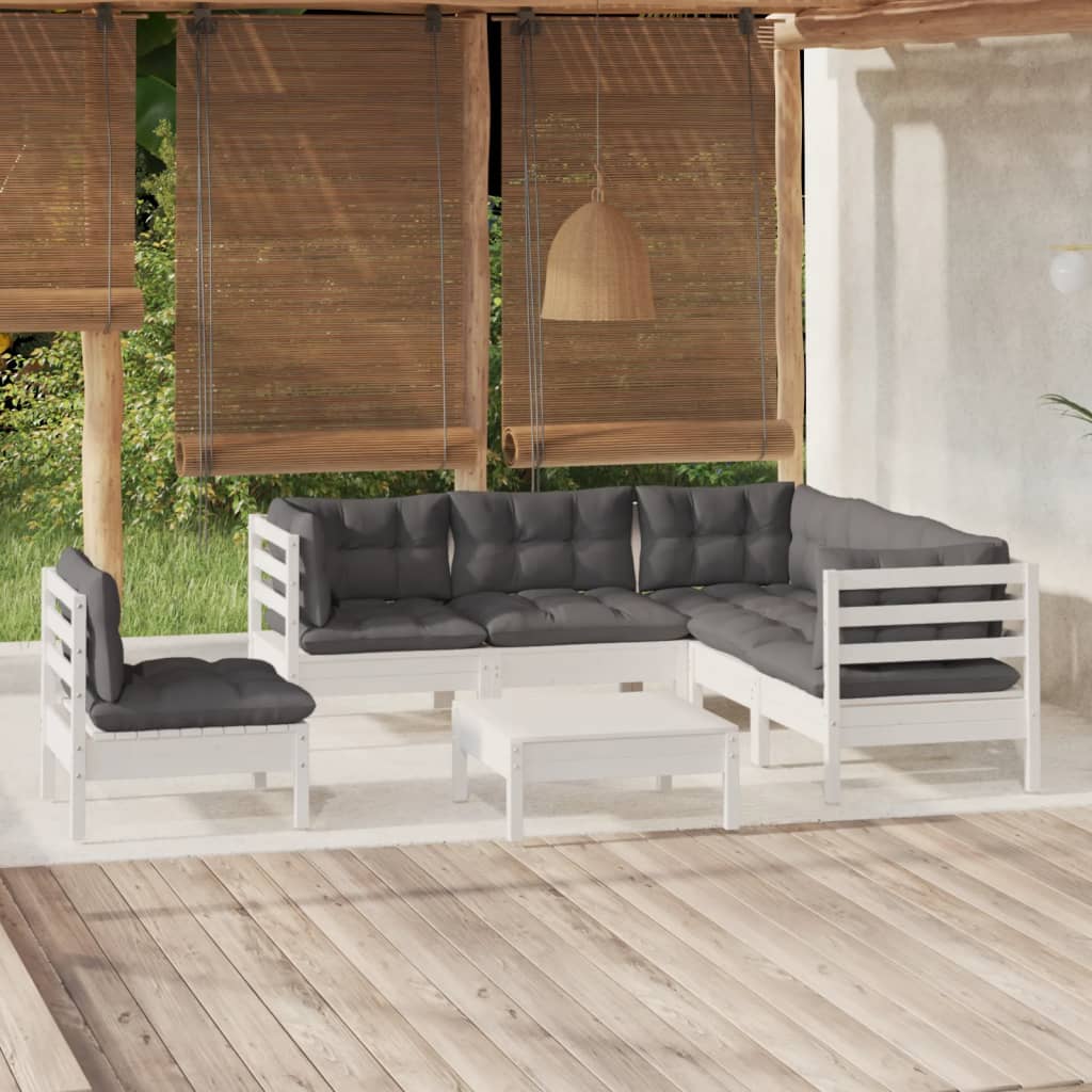 6 Pcs conjunto lounge de jardim c/ almofadões pinho branco
